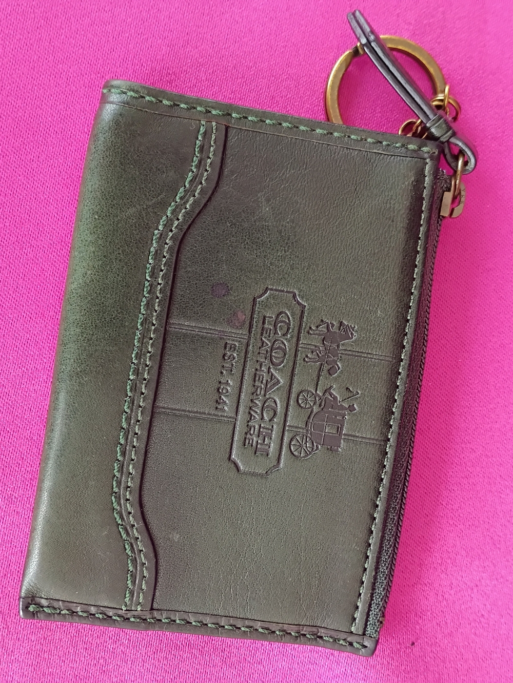 Coach Vintage Dark Green Bleeker Leather Keychain Card Wallet - Picture 2 of 10